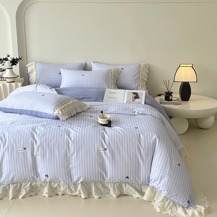 91家纺网 家纺一手货源 找家纺 梧桐树 2025新款全棉印花四件套系列-花边款 H08露斯-蓝