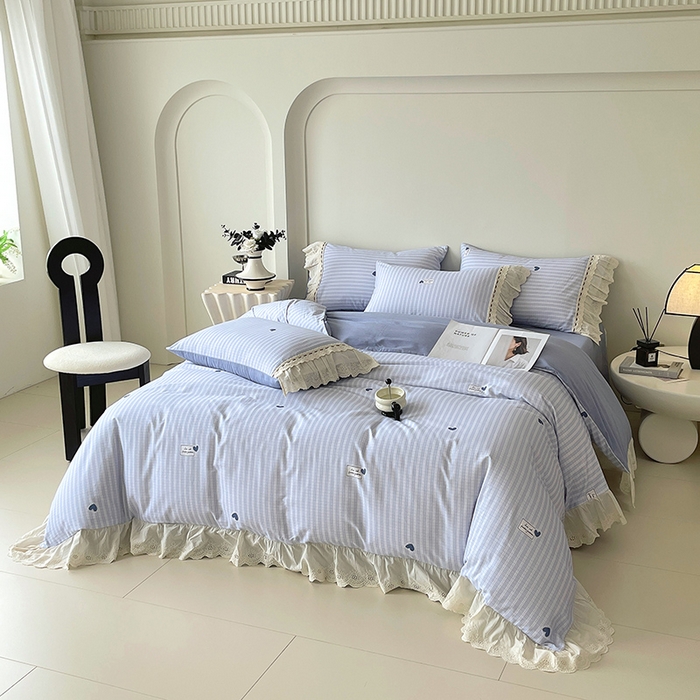 91家纺网 家纺一手货源 找家纺 梧桐树 2025新款全棉印花四件套系列-花边款 H08露斯-蓝