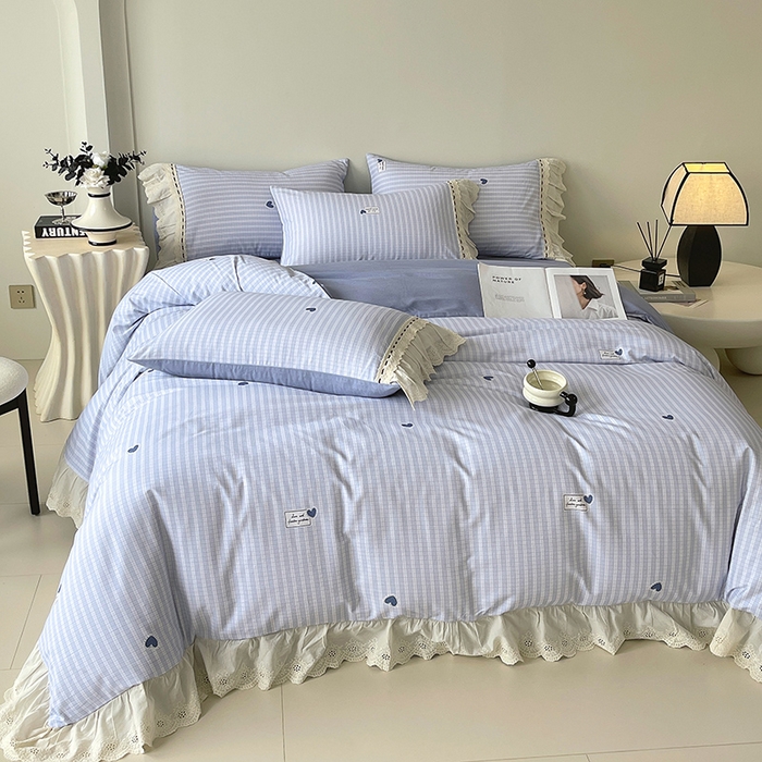 91家纺网 家纺一手货源 找家纺 梧桐树 2025新款全棉印花四件套系列-花边款 H08露斯-蓝