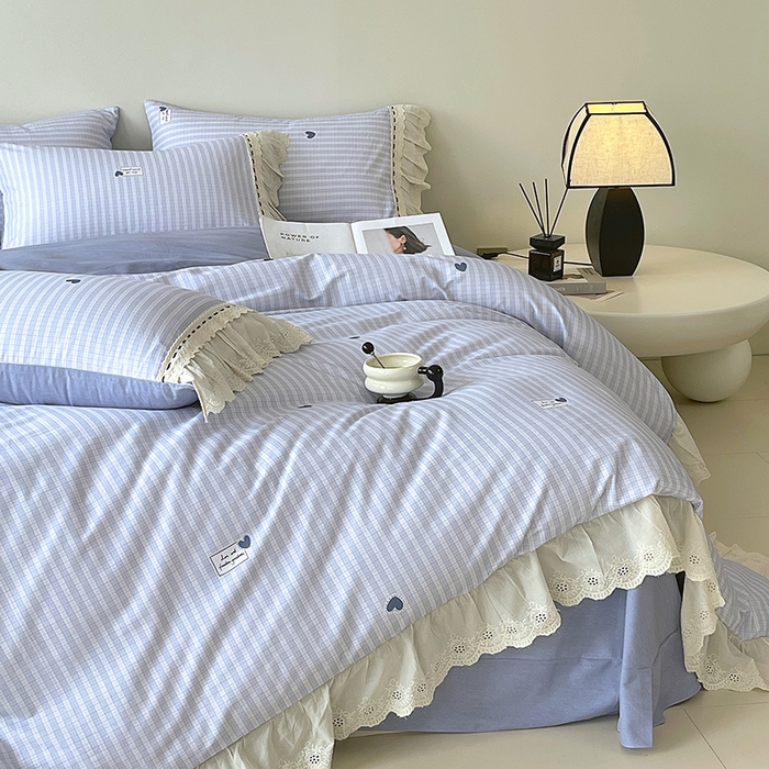 91家纺网 家纺一手货源 找家纺 梧桐树 2025新款全棉印花四件套系列-花边款 H08露斯-蓝