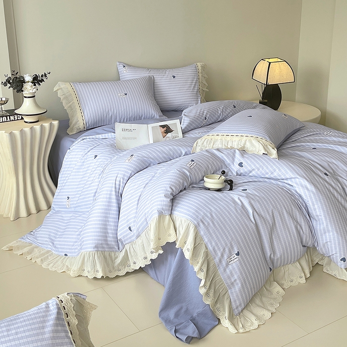 91家纺网 家纺一手货源 找家纺 梧桐树 2025新款全棉印花四件套系列-花边款 H08露斯-蓝