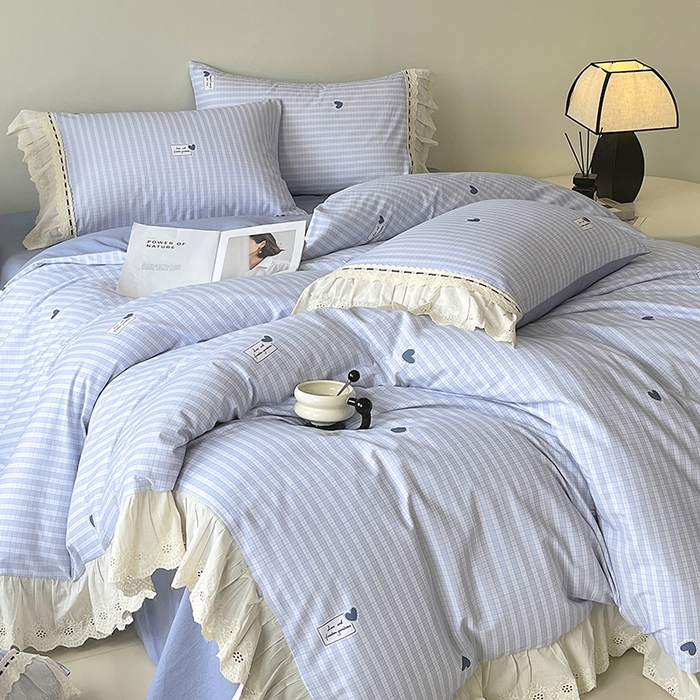 91家纺网 家纺一手货源 找家纺 梧桐树 2025新款全棉印花四件套系列-花边款 H08露斯-蓝