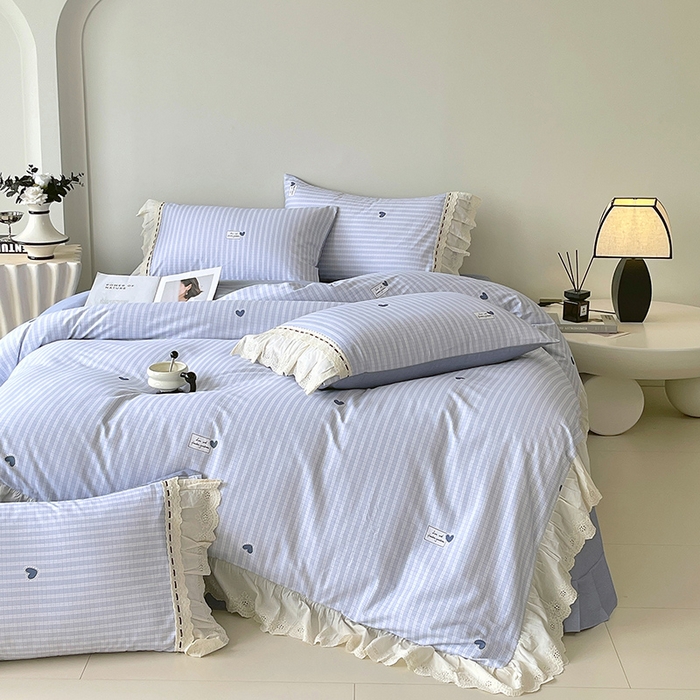 91家纺网 家纺一手货源 找家纺 梧桐树 2025新款全棉印花四件套系列-花边款 H08露斯-蓝