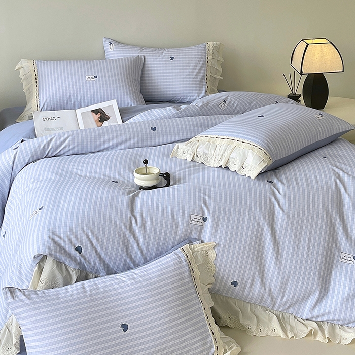 91家纺网 家纺一手货源 找家纺 梧桐树 2025新款全棉印花四件套系列-花边款 H08露斯-蓝