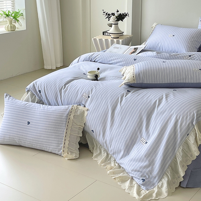 91家纺网 家纺一手货源 找家纺 梧桐树 2025新款全棉印花四件套系列-花边款 H08露斯-蓝