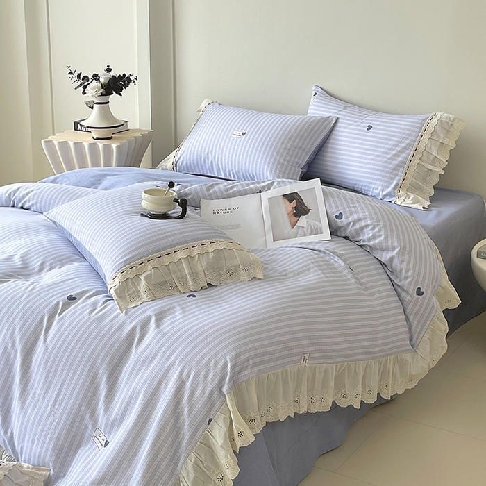 91家纺网 家纺一手货源 找家纺 梧桐树 2025新款全棉印花四件套系列-花边款 H08露斯-蓝