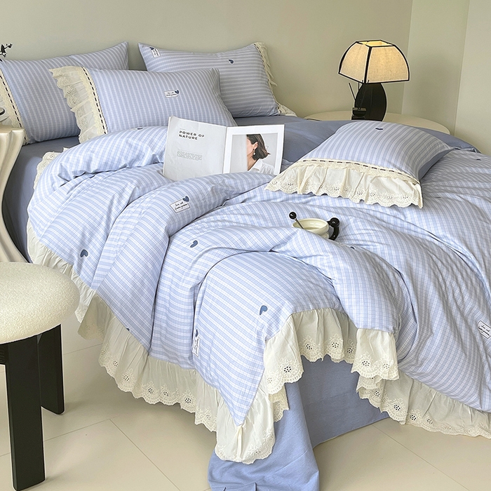 91家纺网 家纺一手货源 找家纺 梧桐树 2025新款全棉印花四件套系列-花边款 H08露斯-蓝