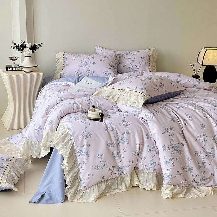 91家纺网 家纺一手货源 找家纺 梧桐树 2025新款全棉印花四件套系列-花边款 H09半岛花茶-蓝