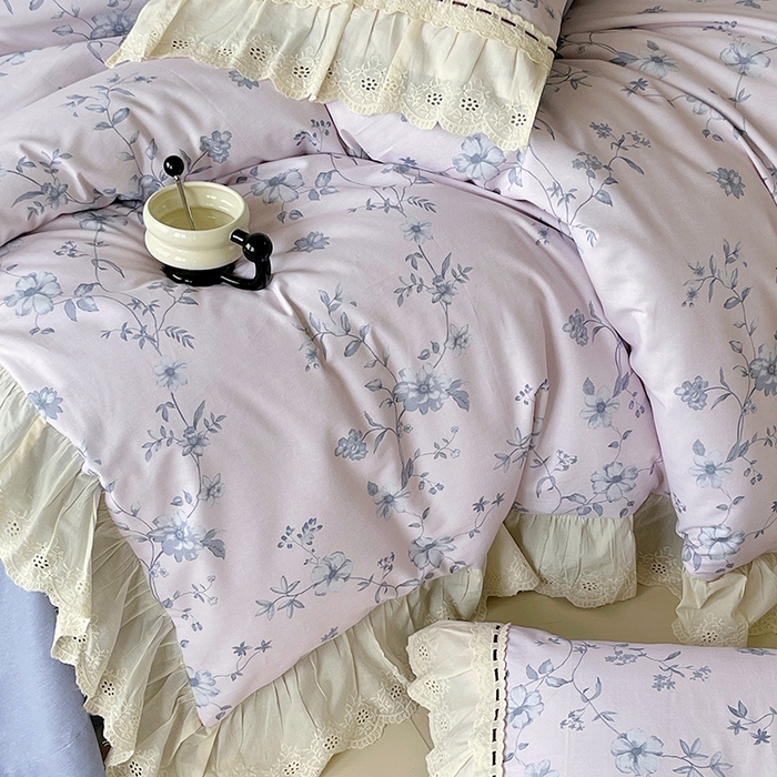 91家纺网 家纺一手货源 找家纺 梧桐树 2025新款全棉印花四件套系列-花边款 H09半岛花茶-蓝