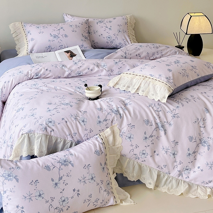 91家纺网 家纺一手货源 找家纺 梧桐树 2025新款全棉印花四件套系列-花边款 H09半岛花茶-蓝