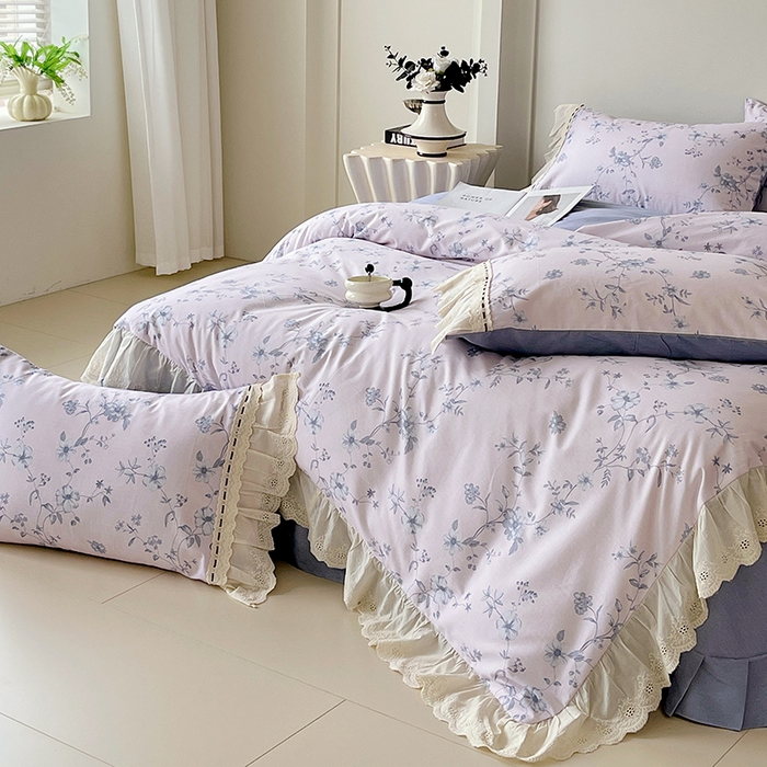 91家纺网 家纺一手货源 找家纺 梧桐树 2025新款全棉印花四件套系列-花边款 H09半岛花茶-蓝