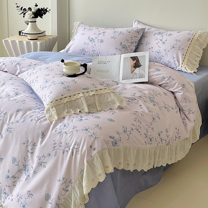 91家纺网 家纺一手货源 找家纺 梧桐树 2025新款全棉印花四件套系列-花边款 H09半岛花茶-蓝