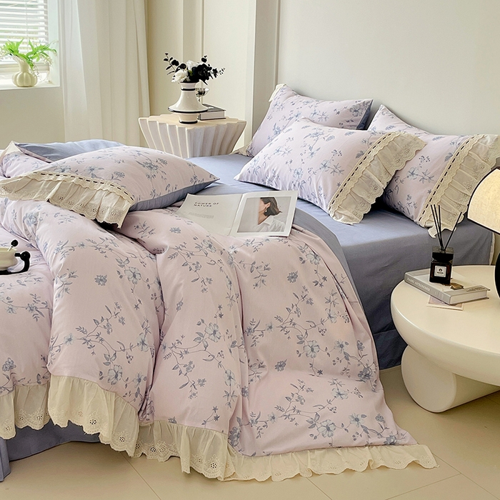 91家纺网 家纺一手货源 找家纺 梧桐树 2025新款全棉印花四件套系列-花边款 H09半岛花茶-蓝