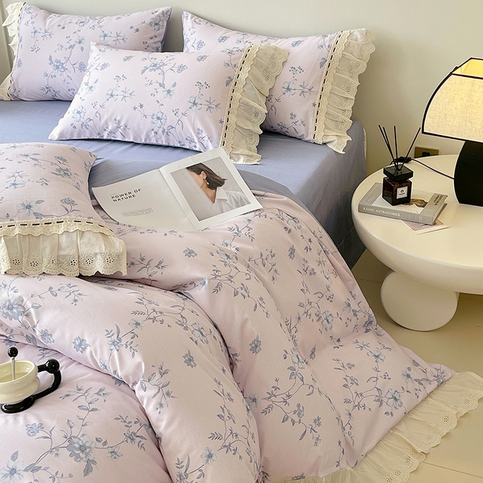 91家纺网 家纺一手货源 找家纺 梧桐树 2025新款全棉印花四件套系列-花边款 H09半岛花茶-蓝