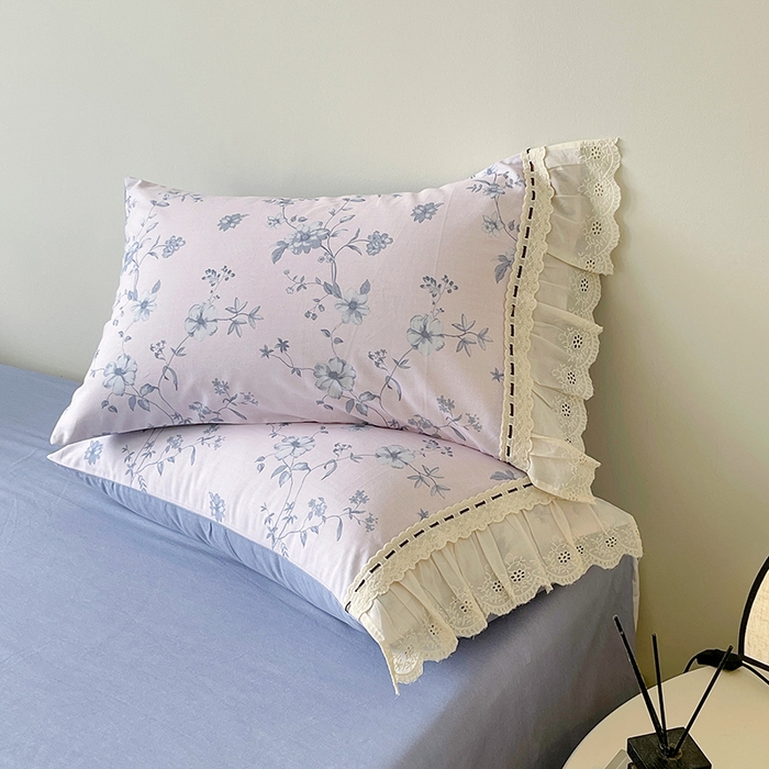 91家纺网 家纺一手货源 找家纺 梧桐树 2025新款全棉印花四件套系列-花边款 H09半岛花茶-蓝