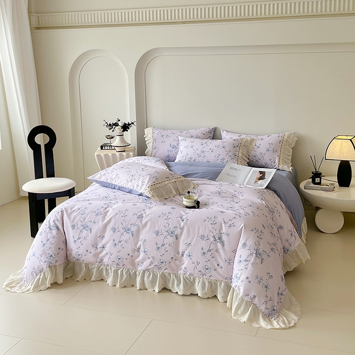 91家纺网 家纺一手货源 找家纺 梧桐树 2025新款全棉印花四件套系列-花边款 H09半岛花茶-蓝