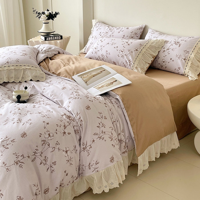 91家纺网 家纺一手货源 找家纺 梧桐树 2025新款全棉印花四件套系列-花边款 H10半岛花茶-棕