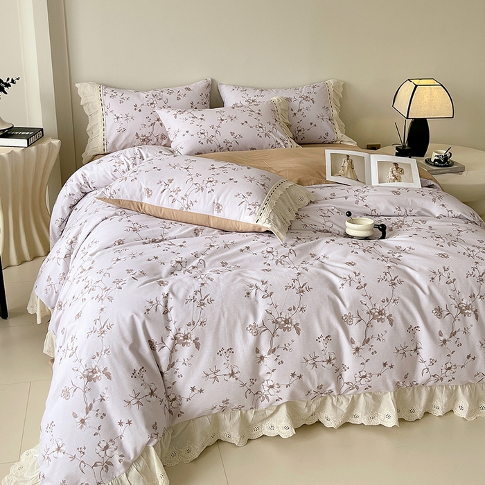 91家纺网 家纺一手货源 找家纺 梧桐树 2025新款全棉印花四件套系列-花边款 H10半岛花茶-棕