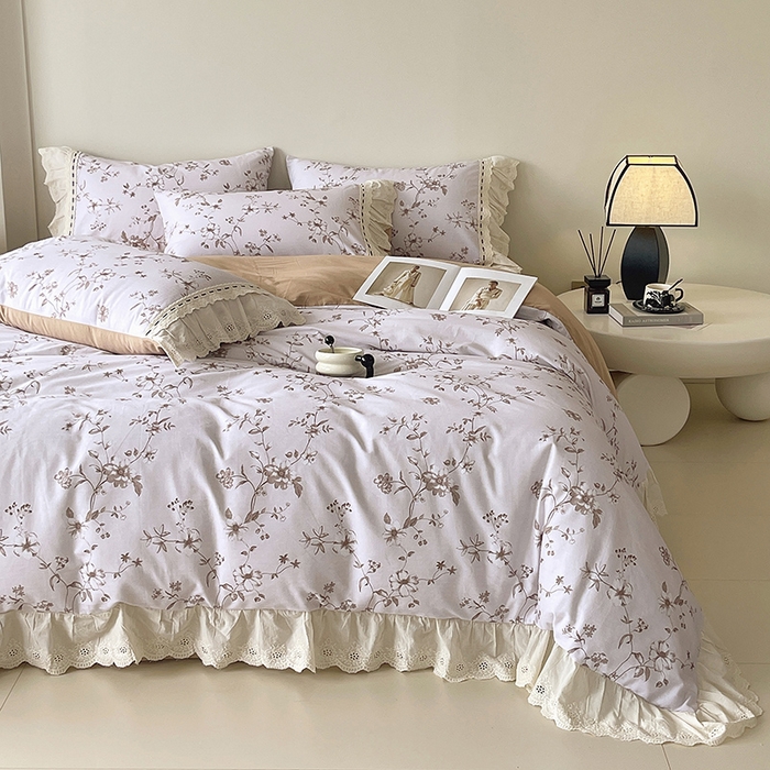 91家纺网 家纺一手货源 找家纺 梧桐树 2025新款全棉印花四件套系列-花边款 H10半岛花茶-棕