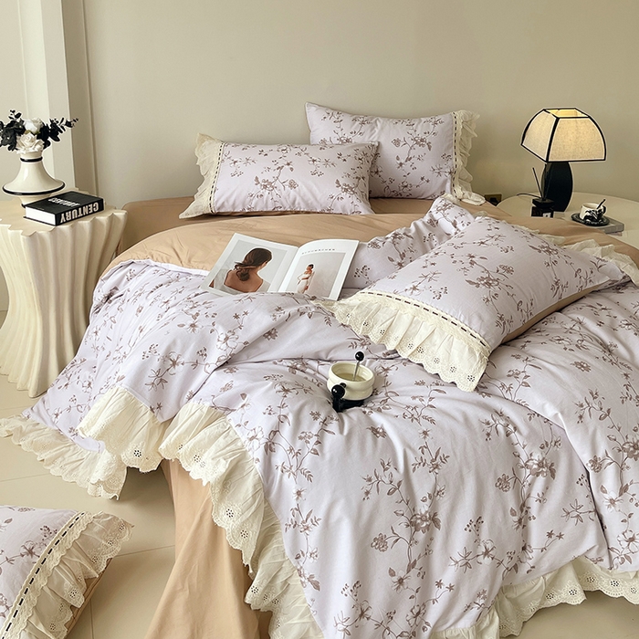 91家纺网 家纺一手货源 找家纺 梧桐树 2025新款全棉印花四件套系列-花边款 H10半岛花茶-棕