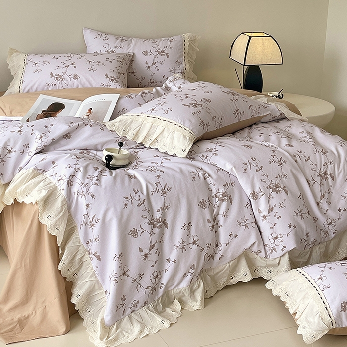 91家纺网 家纺一手货源 找家纺 梧桐树 2025新款全棉印花四件套系列-花边款 H10半岛花茶-棕