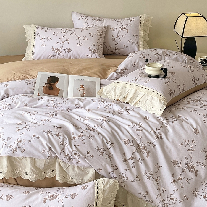 91家纺网 家纺一手货源 找家纺 梧桐树 2025新款全棉印花四件套系列-花边款 H10半岛花茶-棕