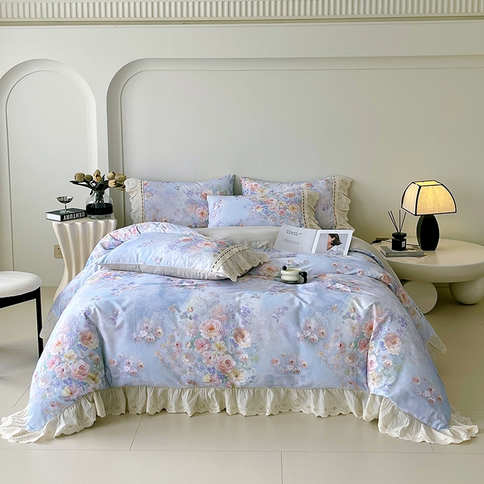 91家纺网 家纺一手货源 找家纺 梧桐树 2025新款全棉印花四件套系列-花边款 H11芳华-蓝