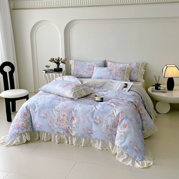 91家纺网 家纺一手货源 找家纺 梧桐树 2025新款全棉印花四件套系列-花边款 H11芳华-蓝