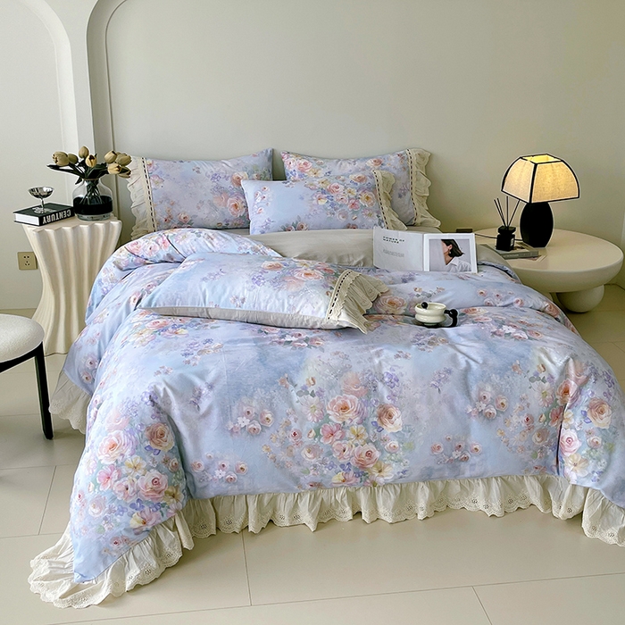 91家纺网 家纺一手货源 找家纺 梧桐树 2025新款全棉印花四件套系列-花边款 H11芳华-蓝