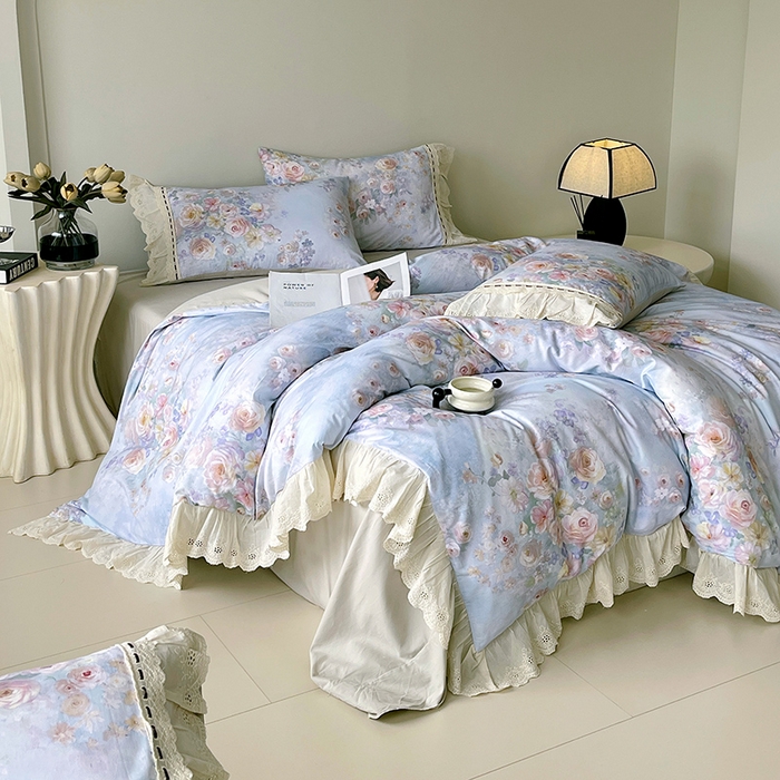 91家纺网 家纺一手货源 找家纺 梧桐树 2025新款全棉印花四件套系列-花边款 H11芳华-蓝