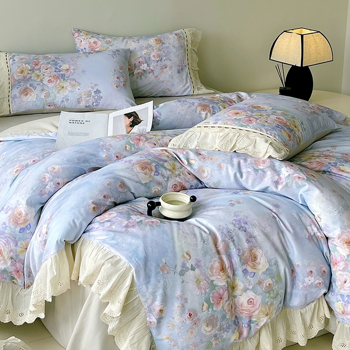 91家纺网 家纺一手货源 找家纺 梧桐树 2025新款全棉印花四件套系列-花边款 H11芳华-蓝