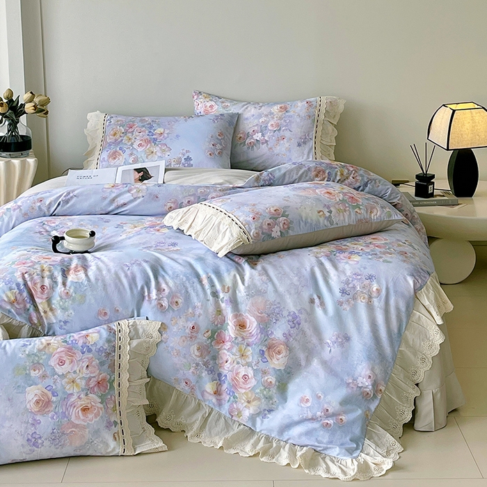 91家纺网 家纺一手货源 找家纺 梧桐树 2025新款全棉印花四件套系列-花边款 H11芳华-蓝