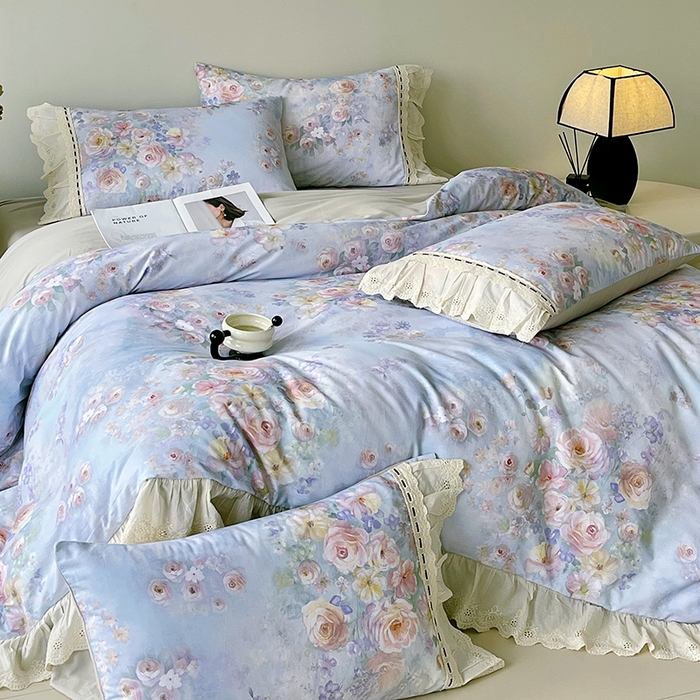 91家纺网 家纺一手货源 找家纺 梧桐树 2025新款全棉印花四件套系列-花边款 H11芳华-蓝