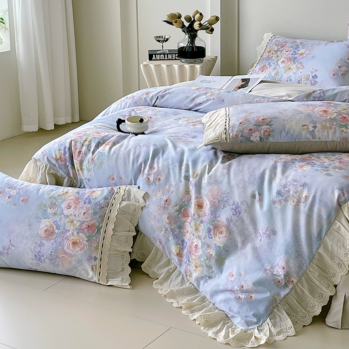 91家纺网 家纺一手货源 找家纺 梧桐树 2025新款全棉印花四件套系列-花边款 H11芳华-蓝