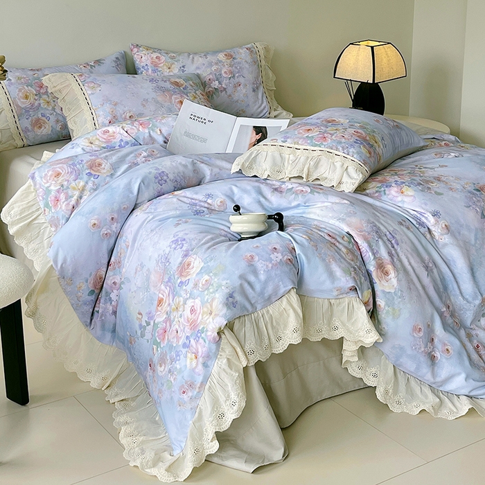 91家纺网 家纺一手货源 找家纺 梧桐树 2025新款全棉印花四件套系列-花边款 H11芳华-蓝