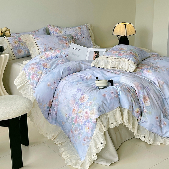 91家纺网 家纺一手货源 找家纺 梧桐树 2025新款全棉印花四件套系列-花边款 H11芳华-蓝