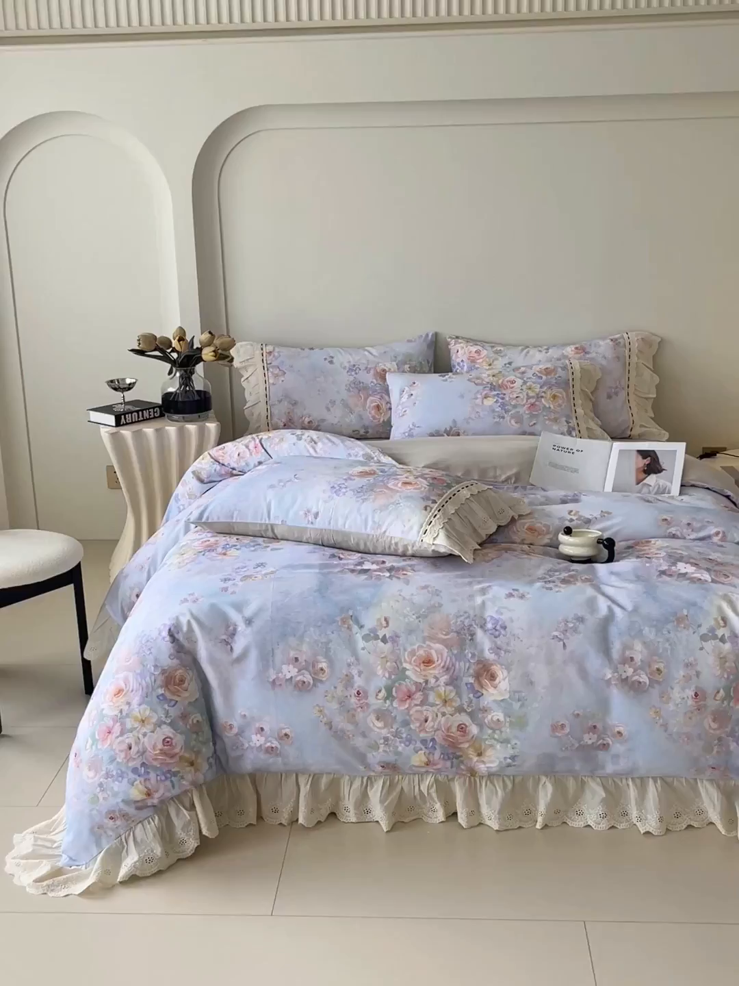 91家纺网 家纺一手货源 找家纺 梧桐树 2025新款全棉印花四件套系列-花边款 H11芳华-蓝