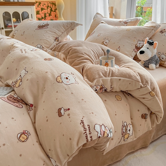 妖妖家纺 2025新款高克重200克牛奶绒印花四件套 放松小狗