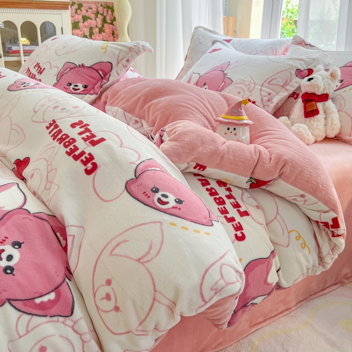 妖妖家纺 2025新款高克重200克牛奶绒印花四件套 狐吻甜果