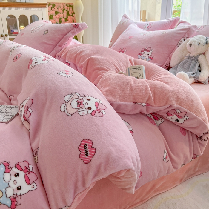 妖妖家纺 2025新款高克重200克牛奶绒印花四件套 绒绒小猫