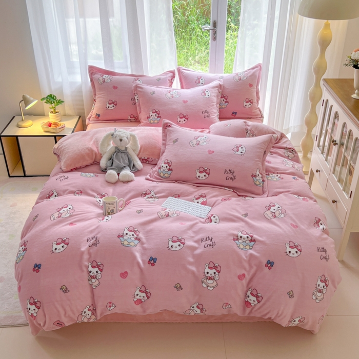 91家纺网 家纺一手货源 找家纺 妖妖家纺 2025新款高克重200克牛奶绒印花四件套 绒绒小猫