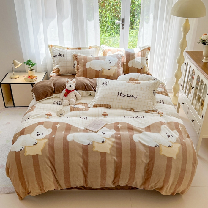 91家纺网 家纺一手货源 找家纺 妖妖家纺 2025新款高克重200克牛奶绒印花四件套 汪星软绒窝