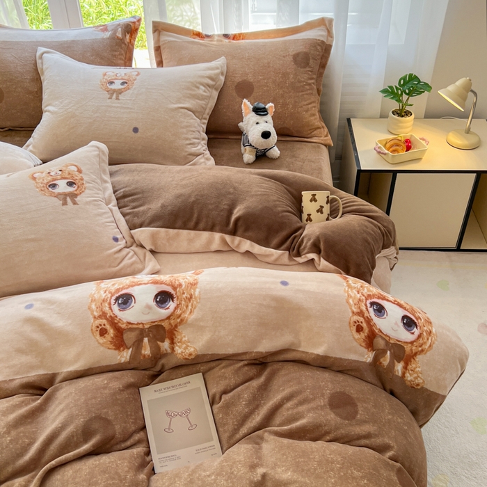 91家纺网 家纺一手货源 找家纺 妖妖家纺 2025新款高克重200克牛奶绒印花四件套 元气萌宝