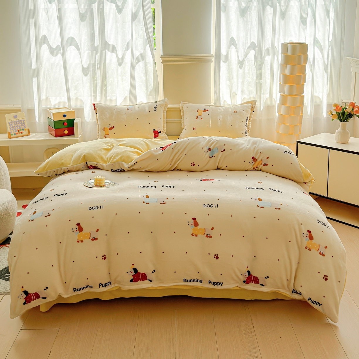 91家纺网 家纺一手货源 找家纺 绒裕家纺 2025秋冬新款230克8.5斤金貂绒牛奶绒四件套床单被套直播热款四件套 腊肠小狗