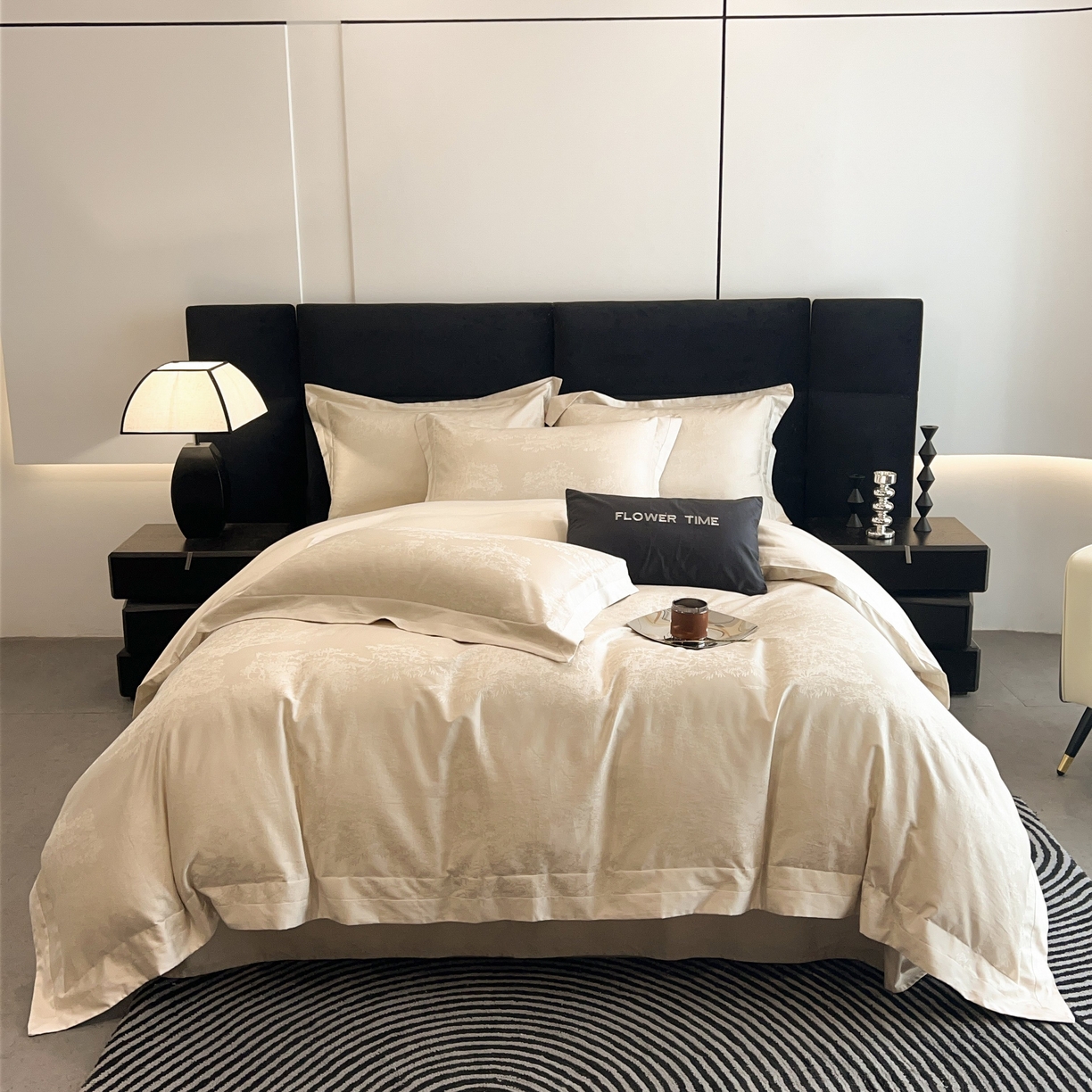 91家纺网 家纺一手货源 找家纺 花时间 2025新款A类长绒棉全棉纯棉宽边提花四件套-赫本 赫本-香槟