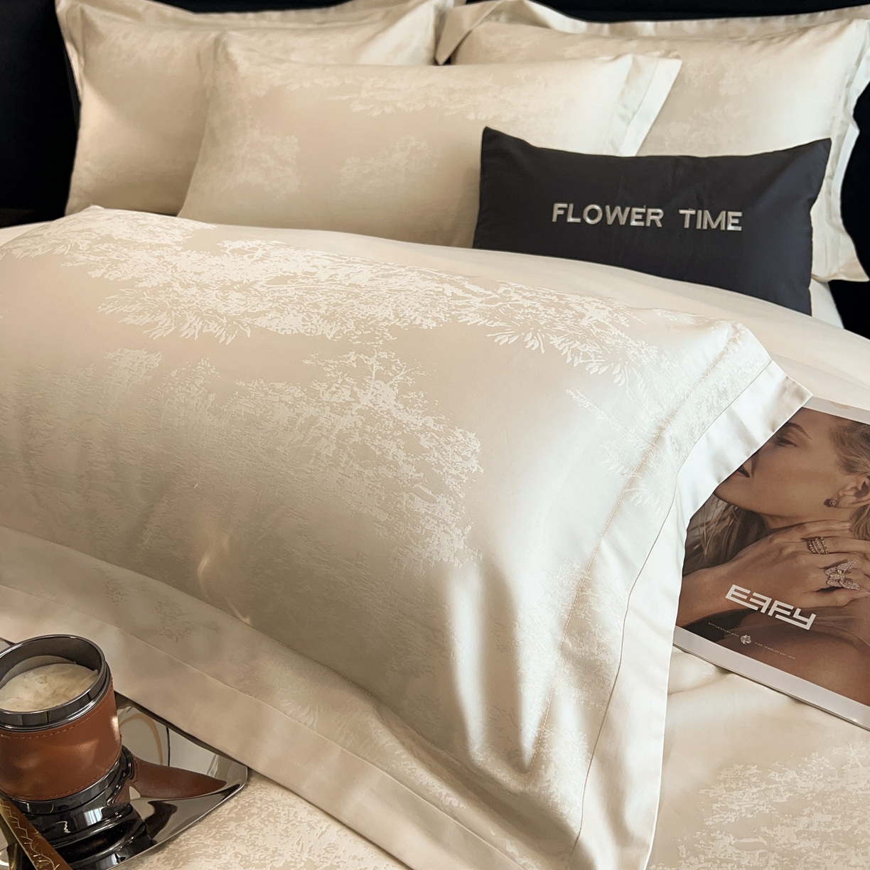 91家纺网 家纺一手货源 找家纺 花时间 2025新款A类长绒棉全棉纯棉宽边提花四件套-赫本 赫本-香槟