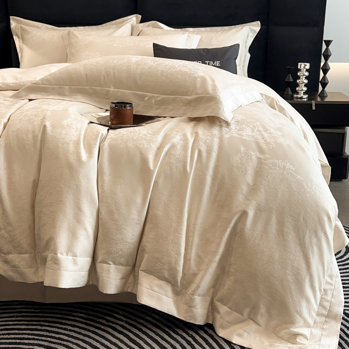 花时间 2025新款A类长绒棉全棉纯棉宽边提花四件套-赫本 赫本-香槟