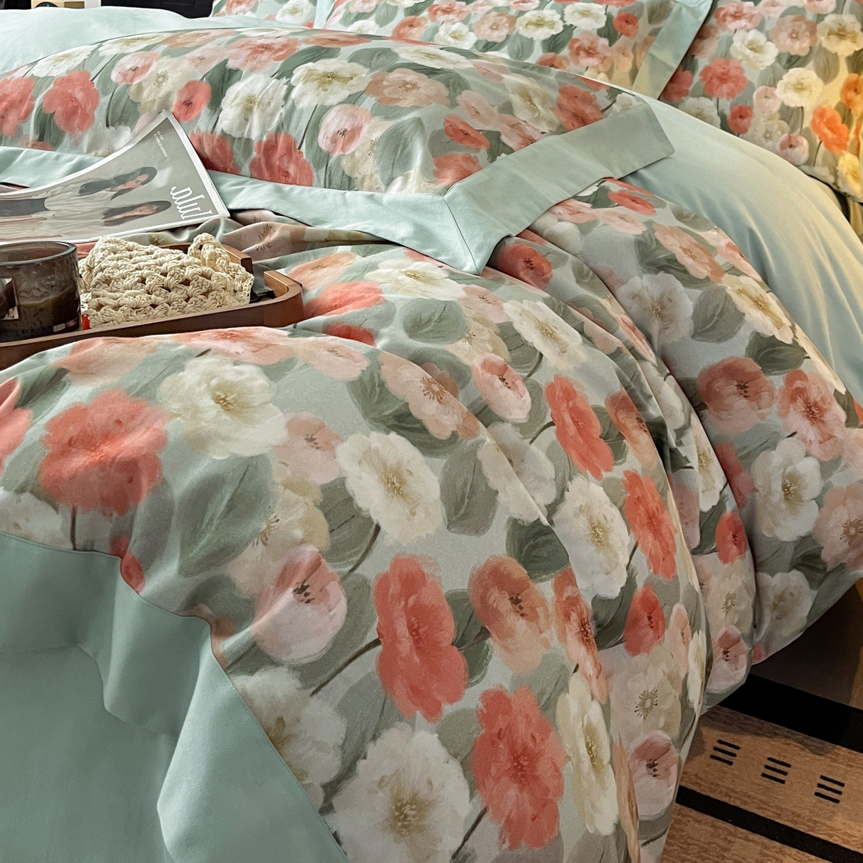 91家纺网 家纺一手货源 找家纺 慕晨 2025新款全棉纯棉磨毛轻奢数码印花直播热款四件套 朵唯