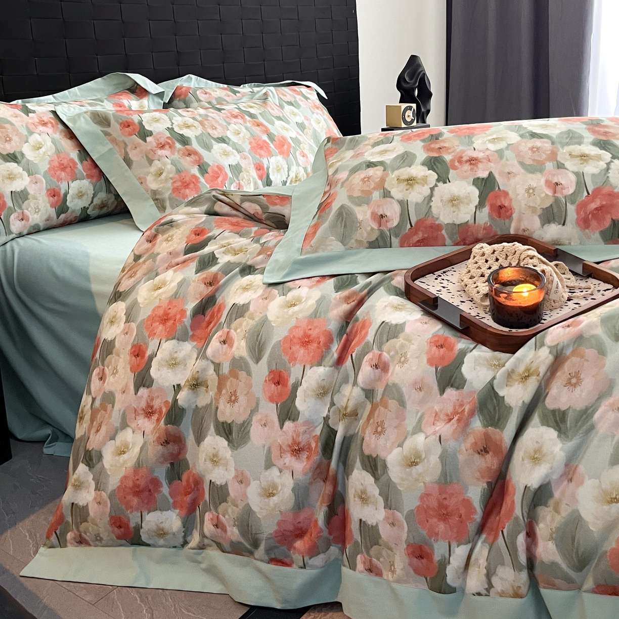 91家纺网 家纺一手货源 找家纺 慕晨 2025新款全棉纯棉磨毛轻奢数码印花直播热款四件套 朵唯