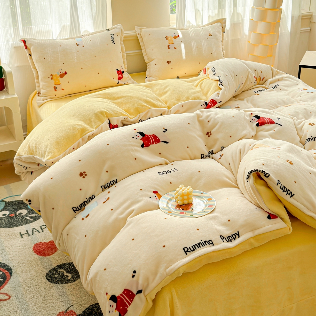 91家纺网 家纺一手货源 找家纺 绒裕家纺 2025秋冬新款230克8.5斤金貂绒牛奶绒四件套床单被套直播热款四件套 腊肠小狗